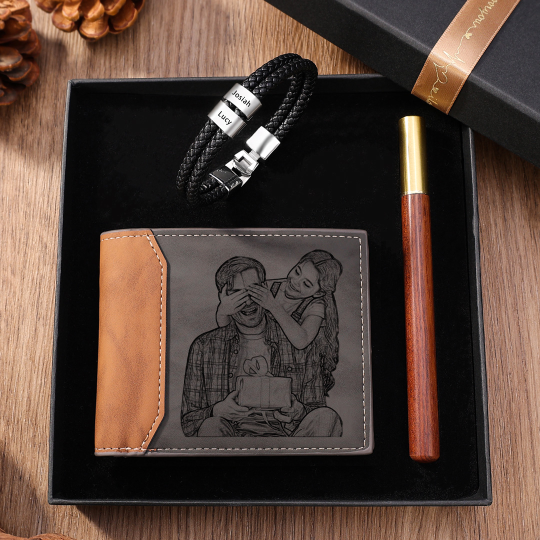 Personalised 1 Photo & 1 Letter & 3 Names Gift Set Custom Wallet & Bracelet & Pen Gift Box Set Father’s Day Gifts