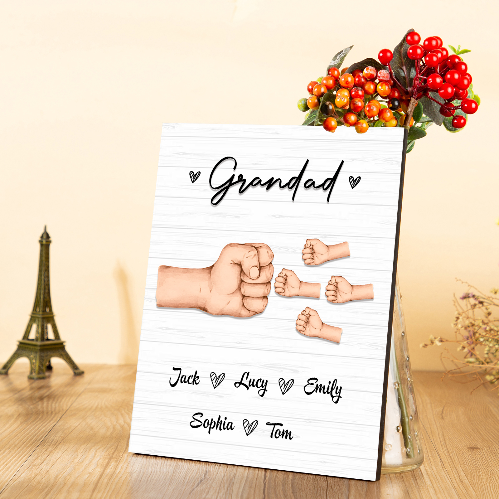 5 Names - Personalised Wooden Ornament Fist Bump Style Engraved Name and Text Ornament for Dad
