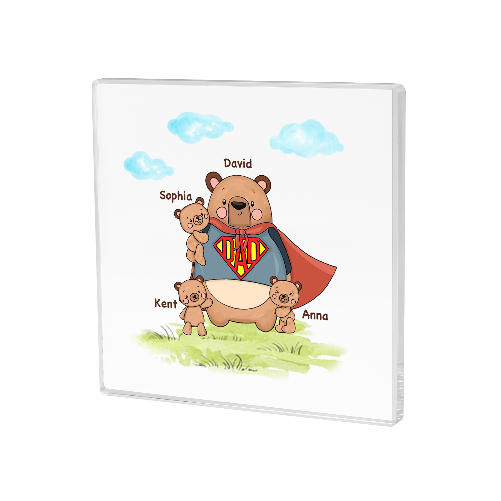 4 Names-Personalised Super Bear Family Acrylic Keepsake-Custom Text and Names-Acrylic Plaque Home Decoration Gift for Dad/Grandad