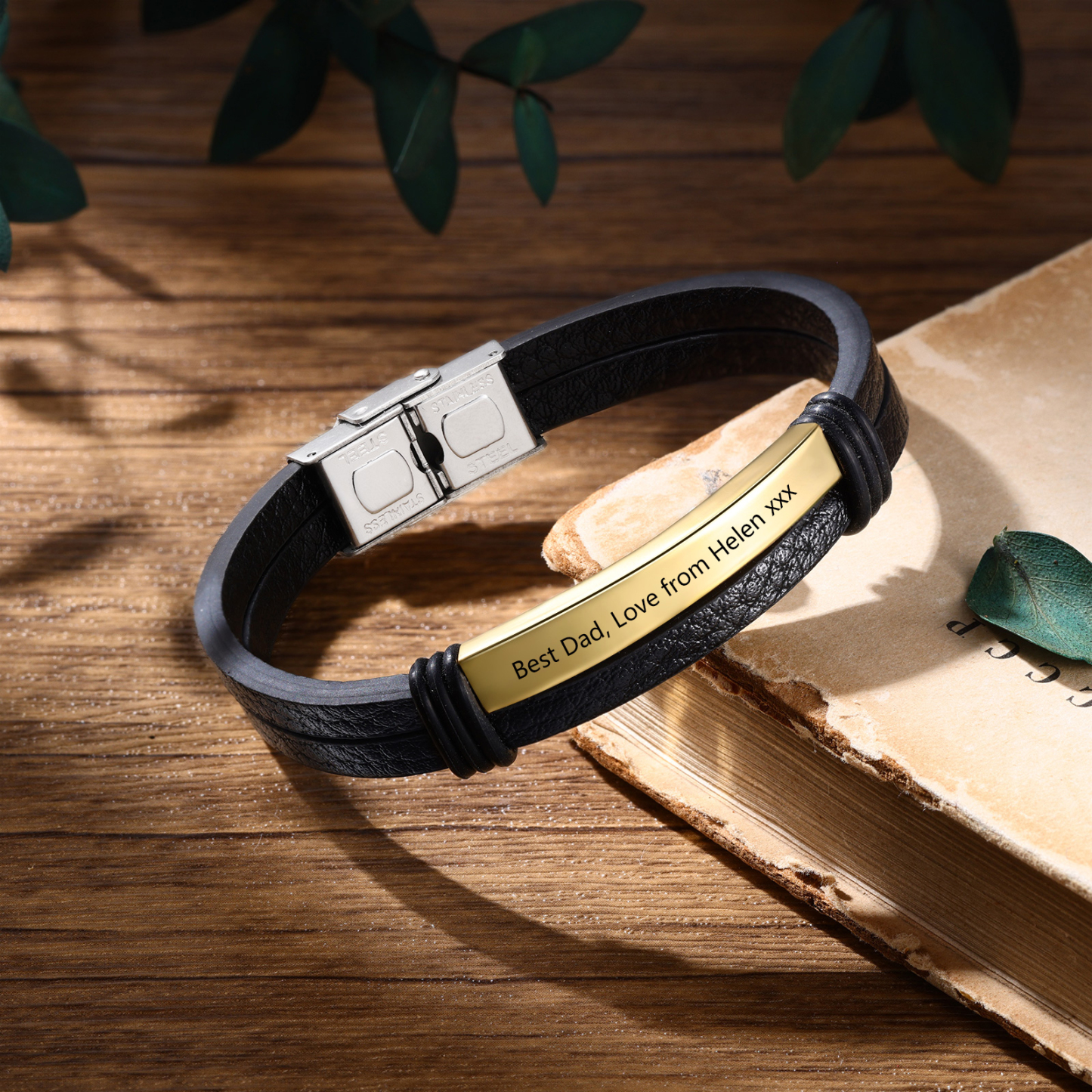 Personalised Text Black Leather Bracelet Men's Bracelet Father's Day Gift for Dad