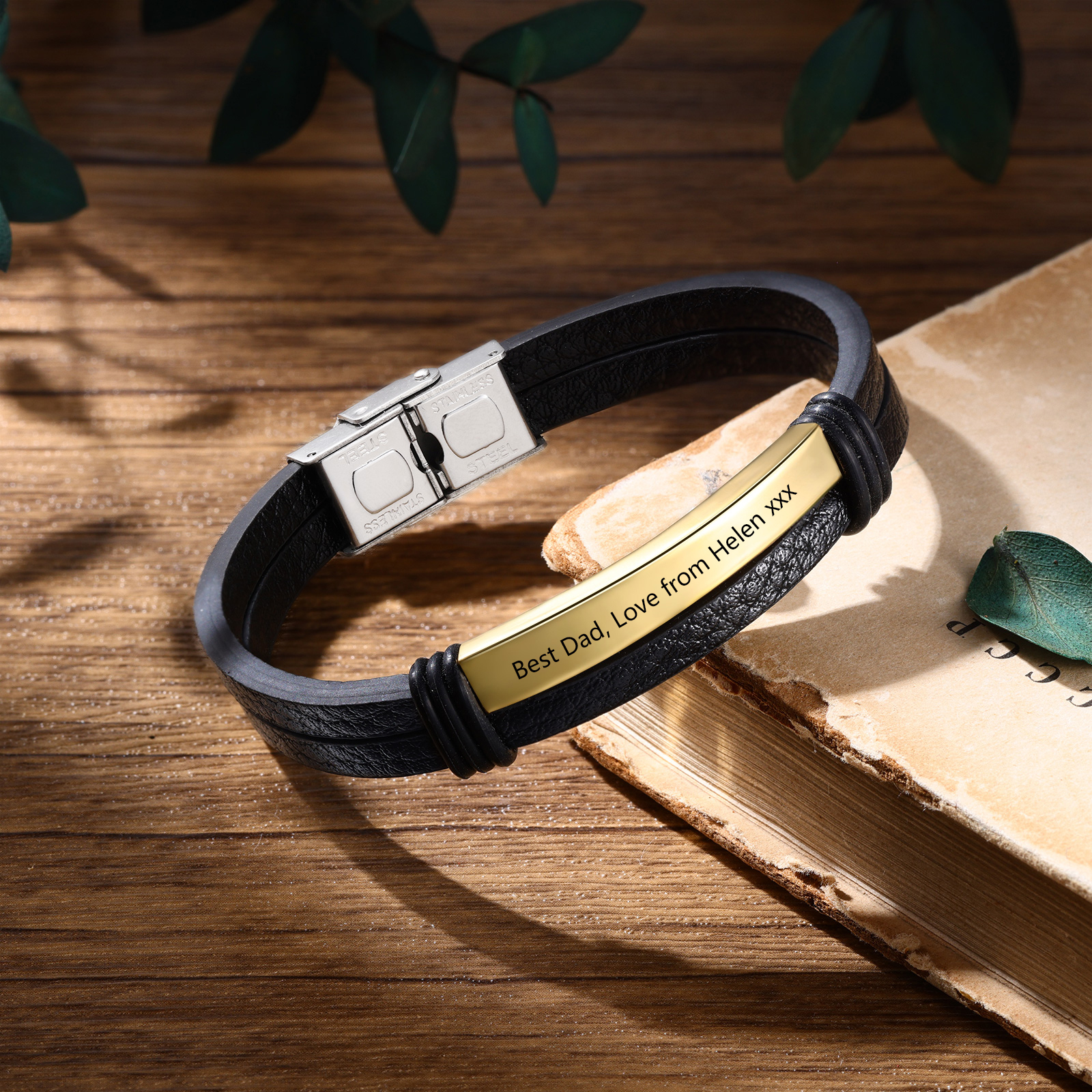 Personalised Text Black Leather Bracelet Men's Bracelet Father's Day Gift for Dad