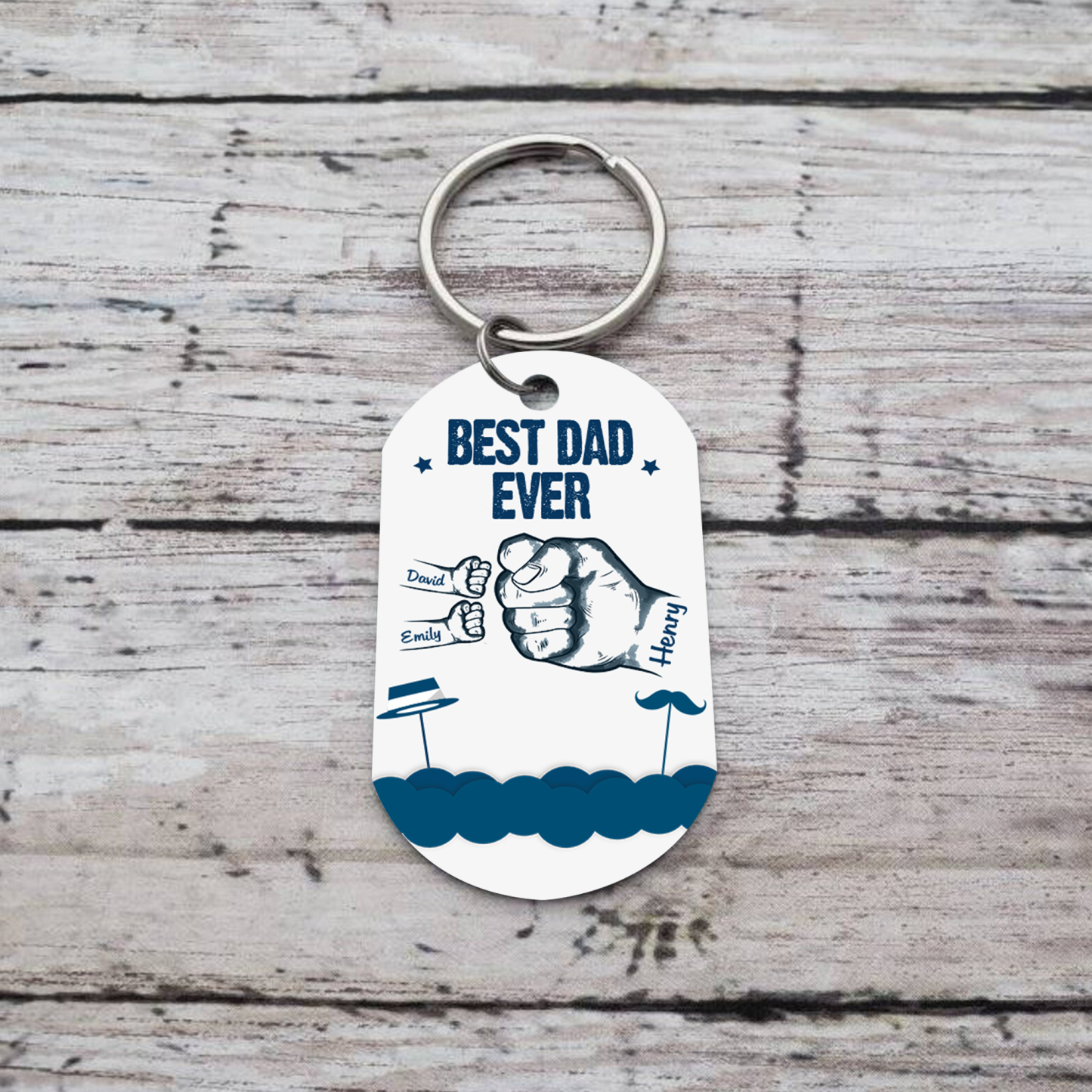 3 Names - Personalised Custom Fist Bump Keyring Hat and Beard Style Keyring Gift for Dad