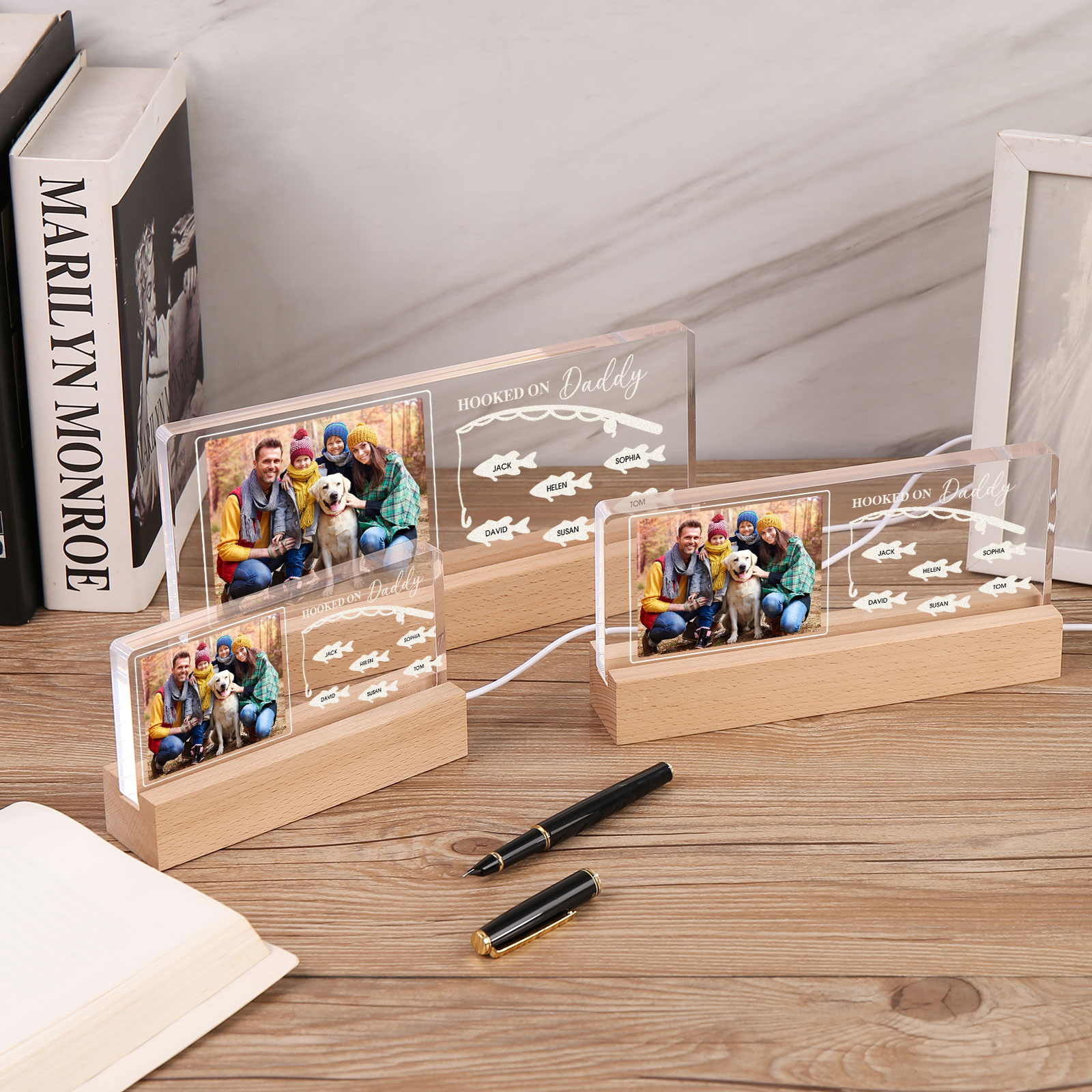 6 Names - Personalised Photo Fishing Pattern Desk Lamp Father's Day Gift For Dad