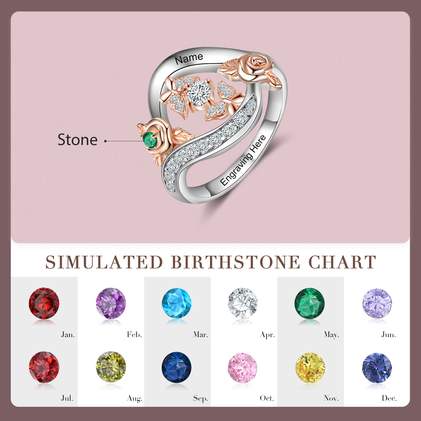 Personalised Rose Ring With 1 Birthstone Engraved Names Ring Gift For Women