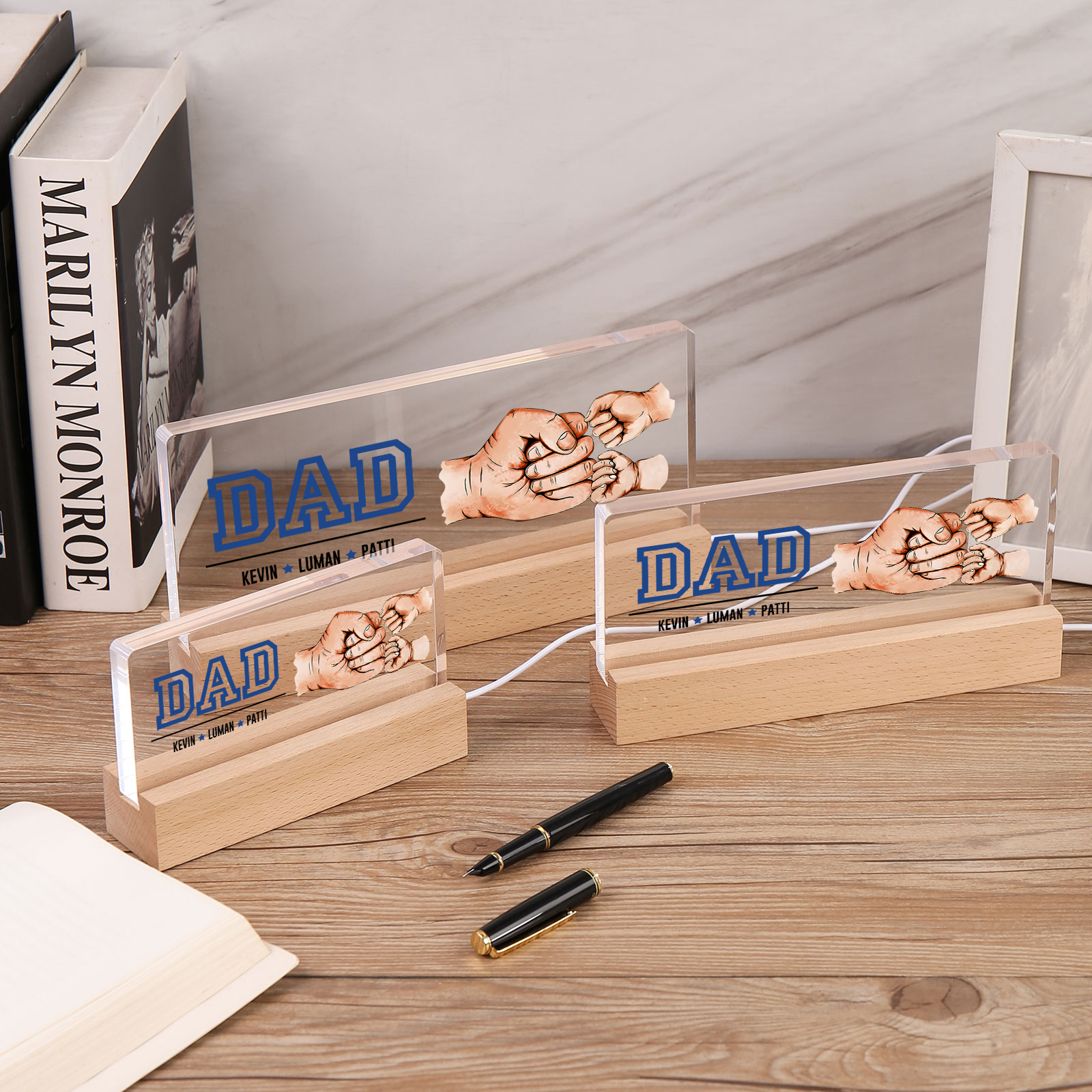 3 Names - Personalised Fist Bump Table Lamp - Dad's Dream Team - Father's Day Gift for Dad
