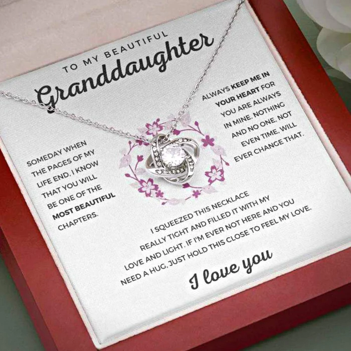 To My Granddaughter Love Knot Necklace "Hold This Close To Feel My Love“ Inspirational Gifts for Granddaughter