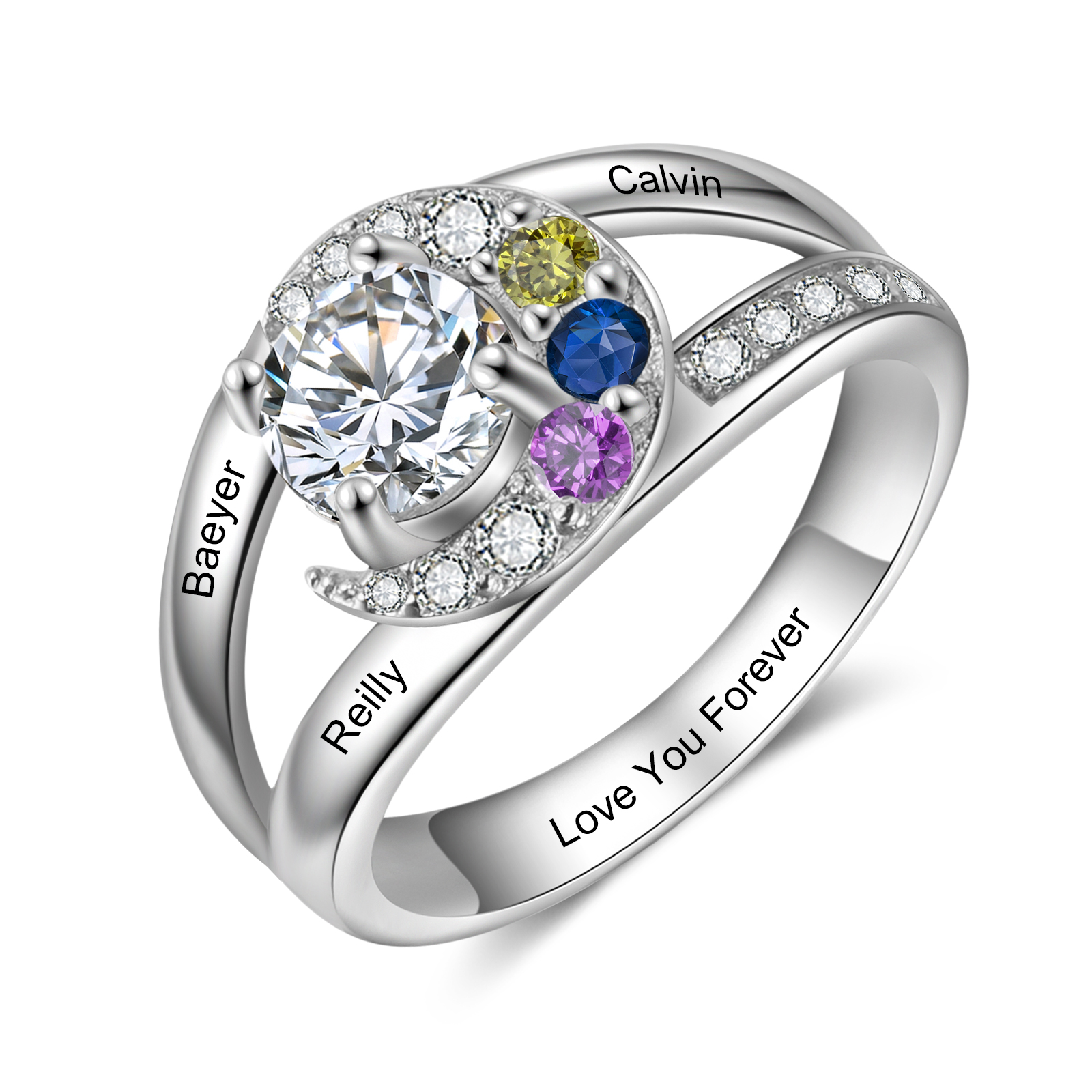 Personalised Moon Star Ring With 3 Birthstones Custom Names Best Gift For Women