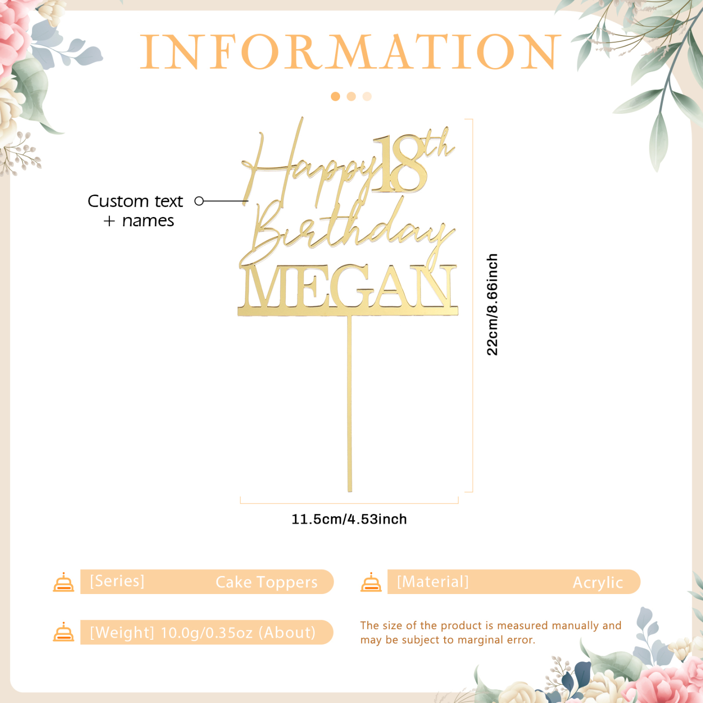 Personalized Custom Text And Name - Happy 18th Birthday Cake Topper For Birthday