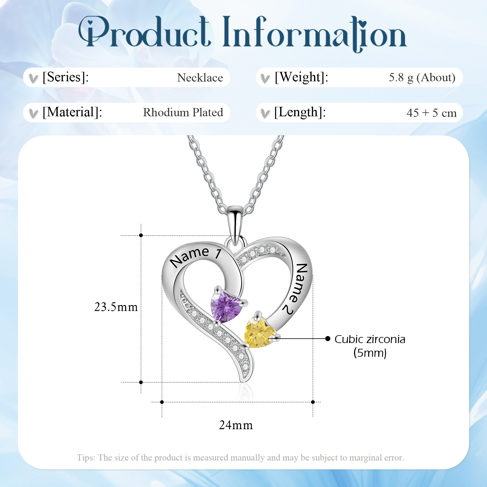 Custom Engraved 2 Names Heart Shaped Pendant Personalised Birthstone Necklace for Women - Gift for Her
