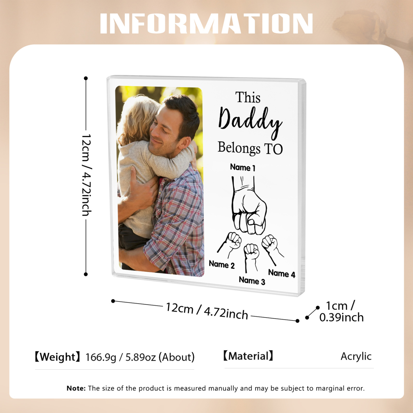 4 Names-Personalised Dad Photo Fist Acrylic Keepsake-Custom Text, Photo, and Names-Acrylic Plaque Home Decoration Gift for Dad/Grandad