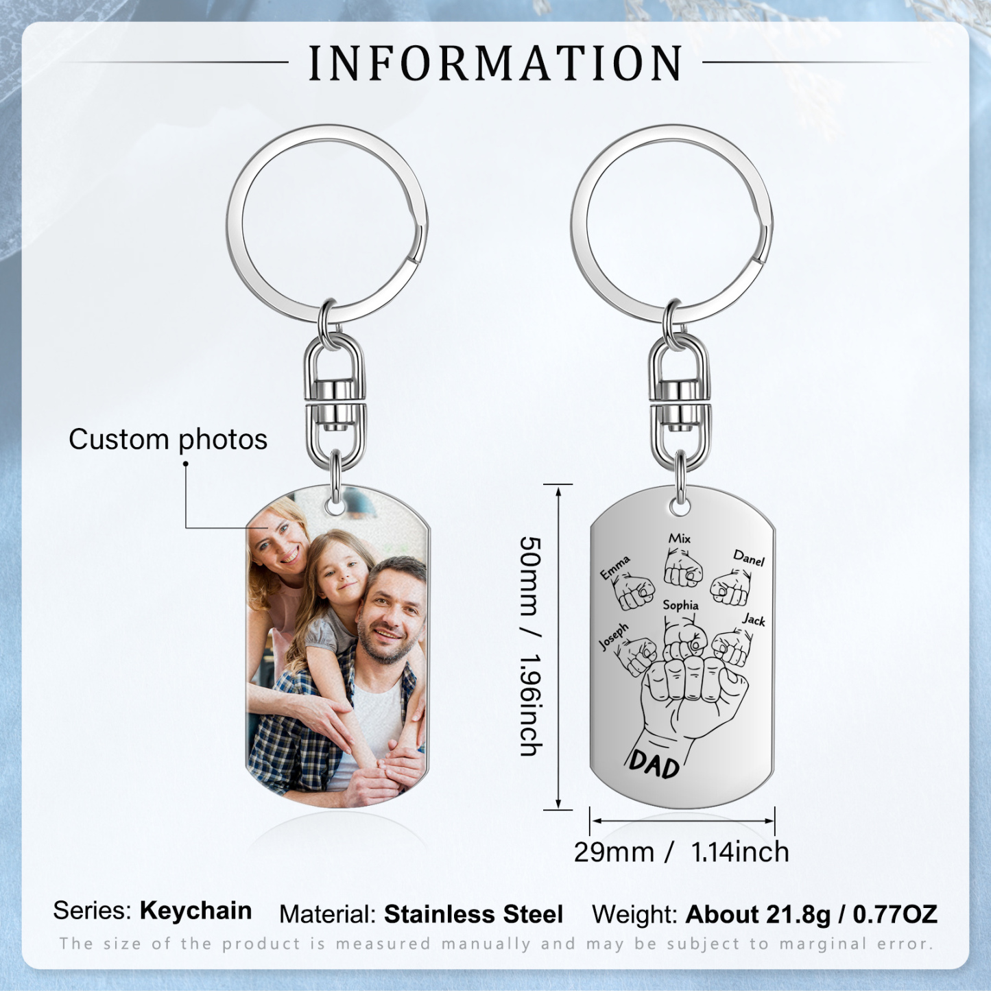 6 Names - Personalised Fist Bump Keyring Customized with Photo and Text Father's Day Gift for Dad
