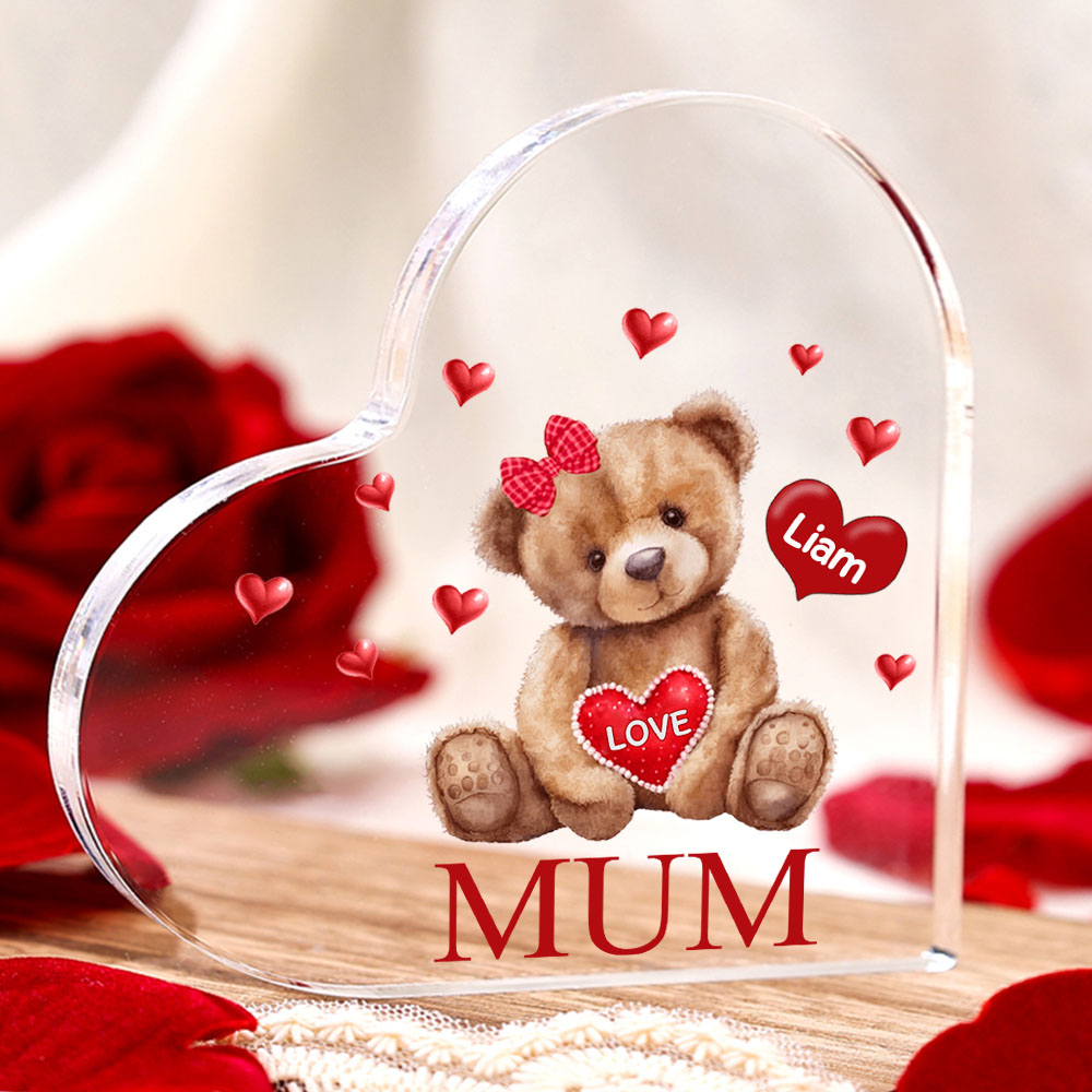 1 Name-Personalised Mum Acrylic Heart Keepsake Custom Text Love Teddy Bear Ornaments Gifts Set With Gift Box for Grandma/Mother