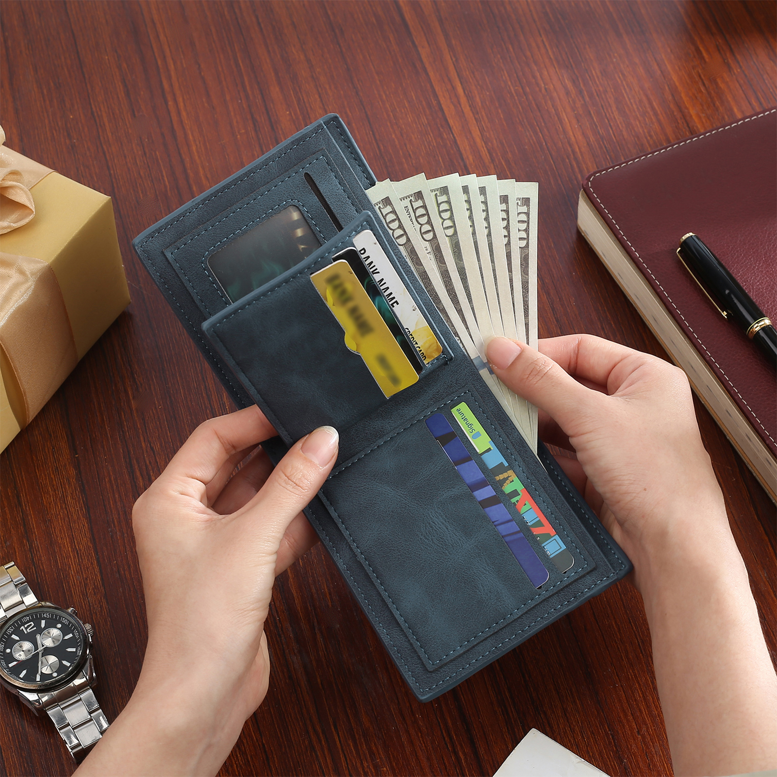 6 Names - Personalised Photo Custom Leather Men's Wallet as a Father's Day Gift for Dad