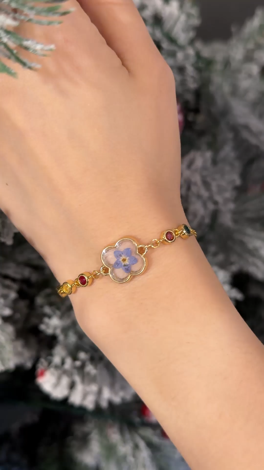 Personalised Pressed Flower 1-6 Birthstones Bracelet for Women