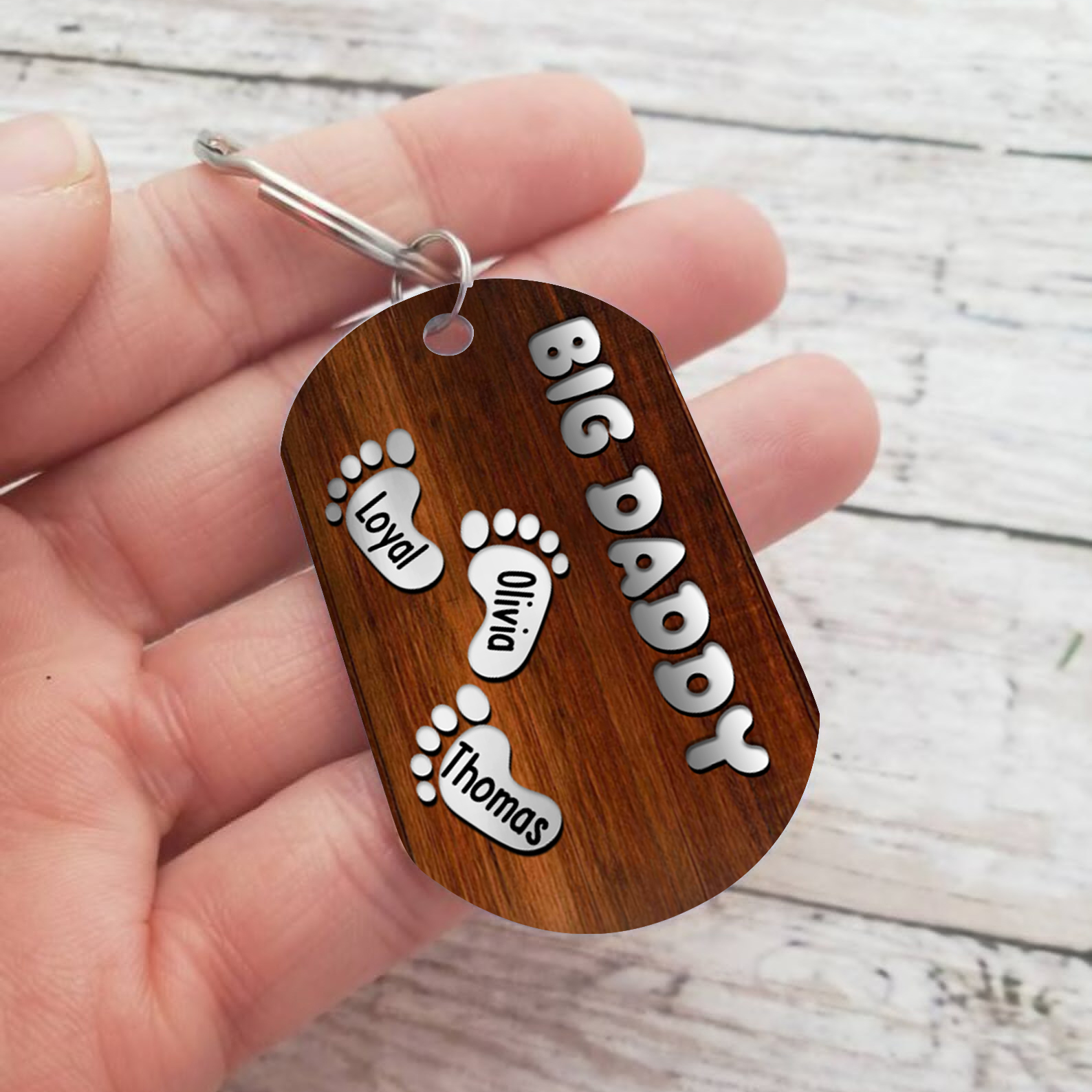 3 Names - Personalised Custom Footprint Pattern Keyring Custom Name and Text Gift for Dad