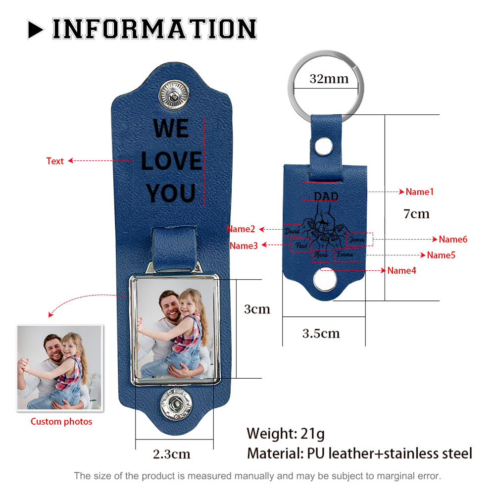 6 Names - Personalised Fist Bump Custom Text, Name and Photo Leather Mens Keyring for Dad