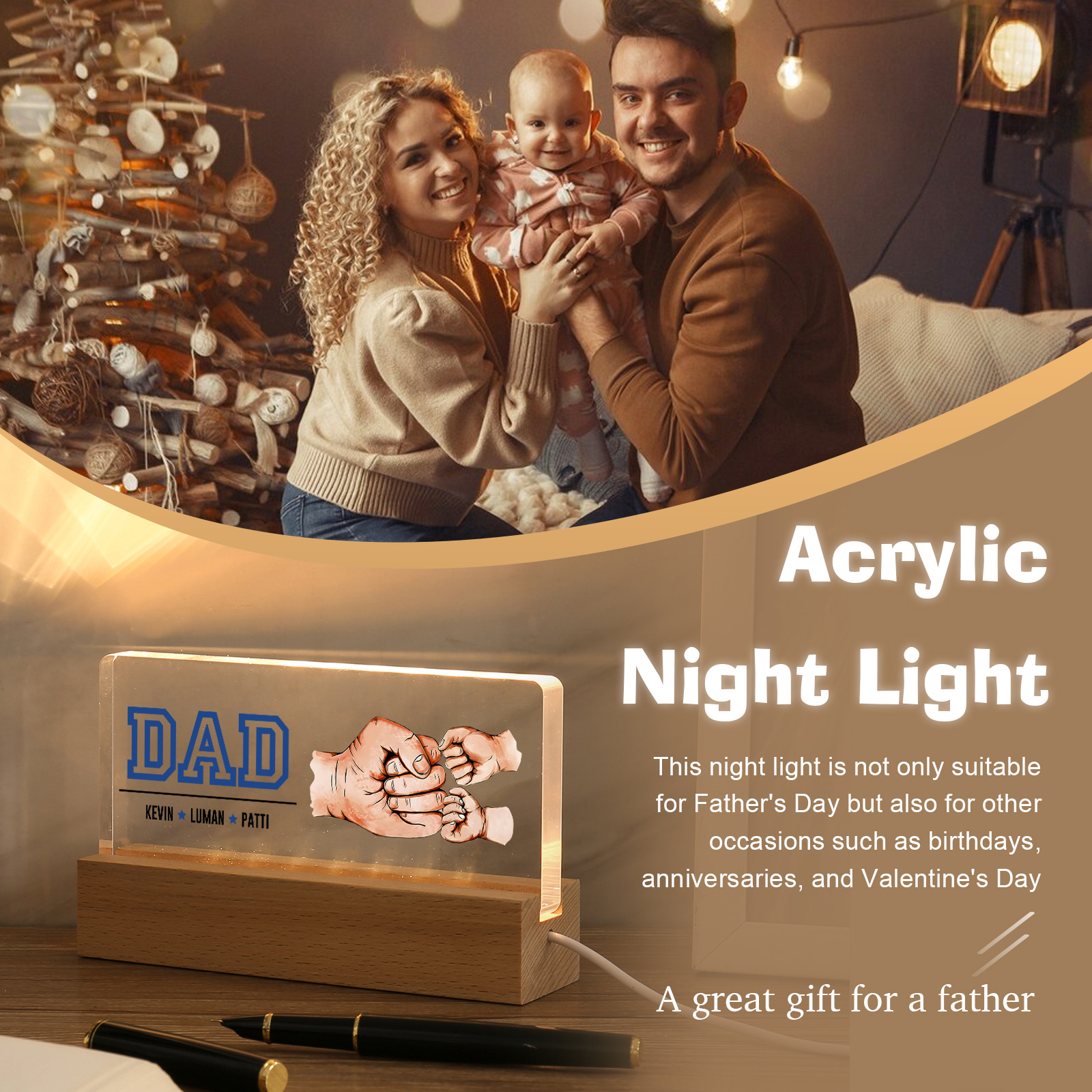 3 Names - Personalised Fist Bump Table Lamp - Dad's Dream Team - Father's Day Gift for Dad