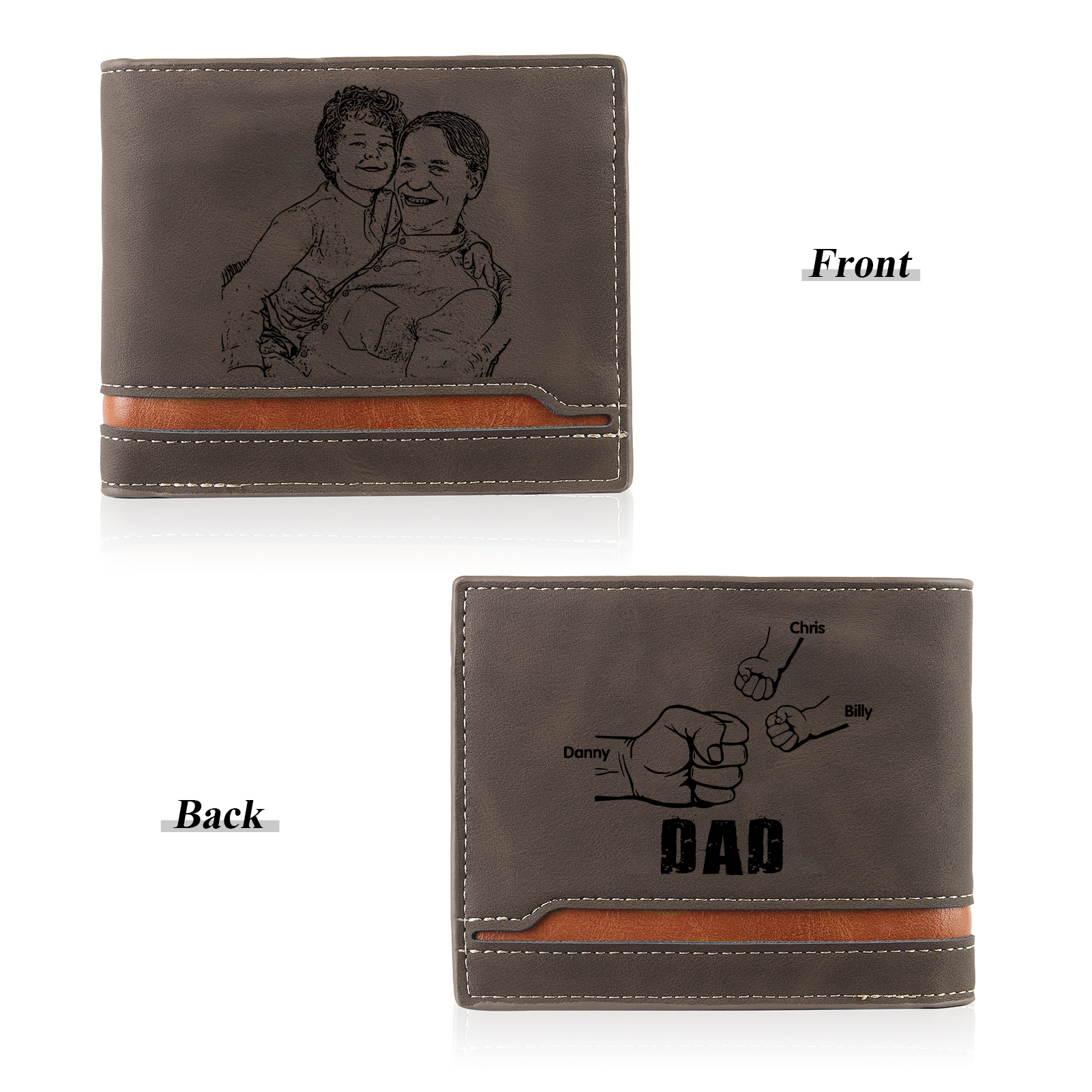 3 Names - Personalised Photo Custom Leather Men's Folding Wallet as a Father's Day Gift for Dad