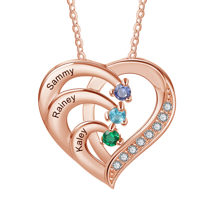 Personalised Mother Necklace 3 Stones Engraved 3 Names Birthstone Intertwined Heart Pendant Gifts for Her