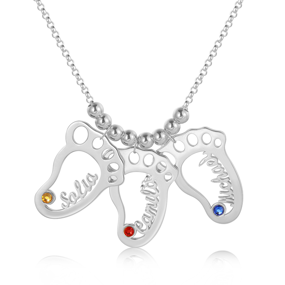 Personalised Baby Foot Necklace With 3 Birthstones Engraved Names Gift For Mother