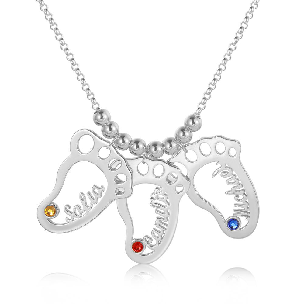 Personalised Baby Foot Necklace With 3 Birthstones Engraved Names Gift For Mother