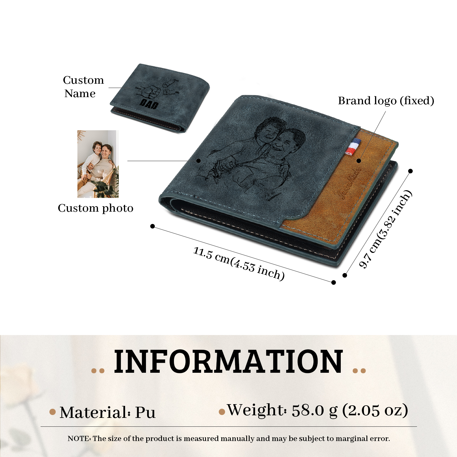 3 Names - Personalised Fist Bump Photo Custom Leather Men's  Wallet as a Father's Day Gift for Dad