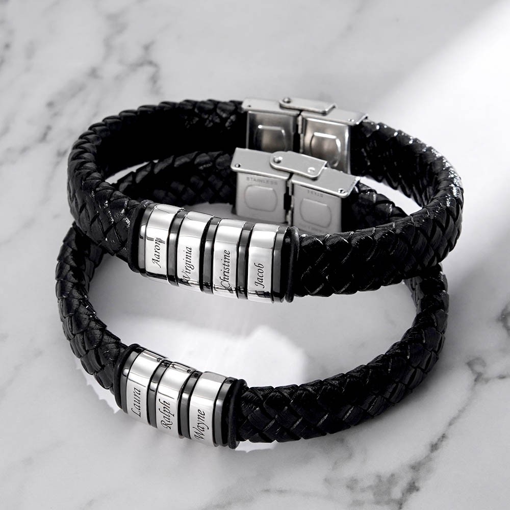 Men Leather Braided Bracelet Personalised with 4 Names 4 Beads Gift For Father's Day