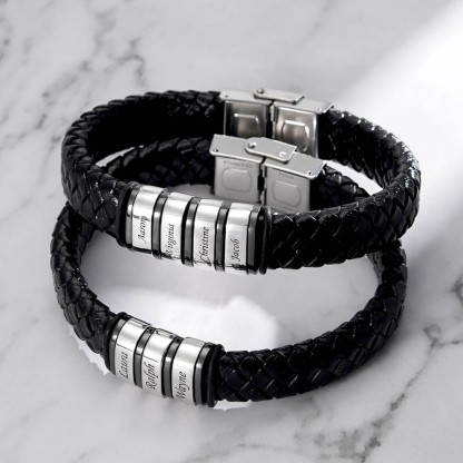 Men Leather Braided Bracelet Personalised with 4 Names 4 Beads Gift For Father's Day