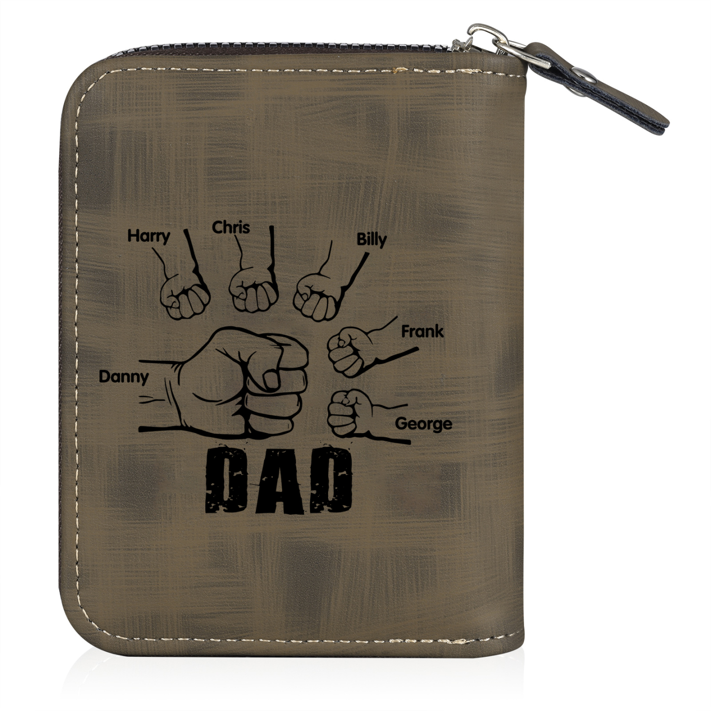 6 Names - Personalised Fist Bump Fist Bump Photo Custom Leather Men's Zipper Wallet as a Father's Day Gift for Dad