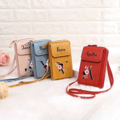 Custom Purse-Personalised Women's Leather Wallet Custom Letter & Name Mobile Phone Wallet Zipper Crossbody Bag