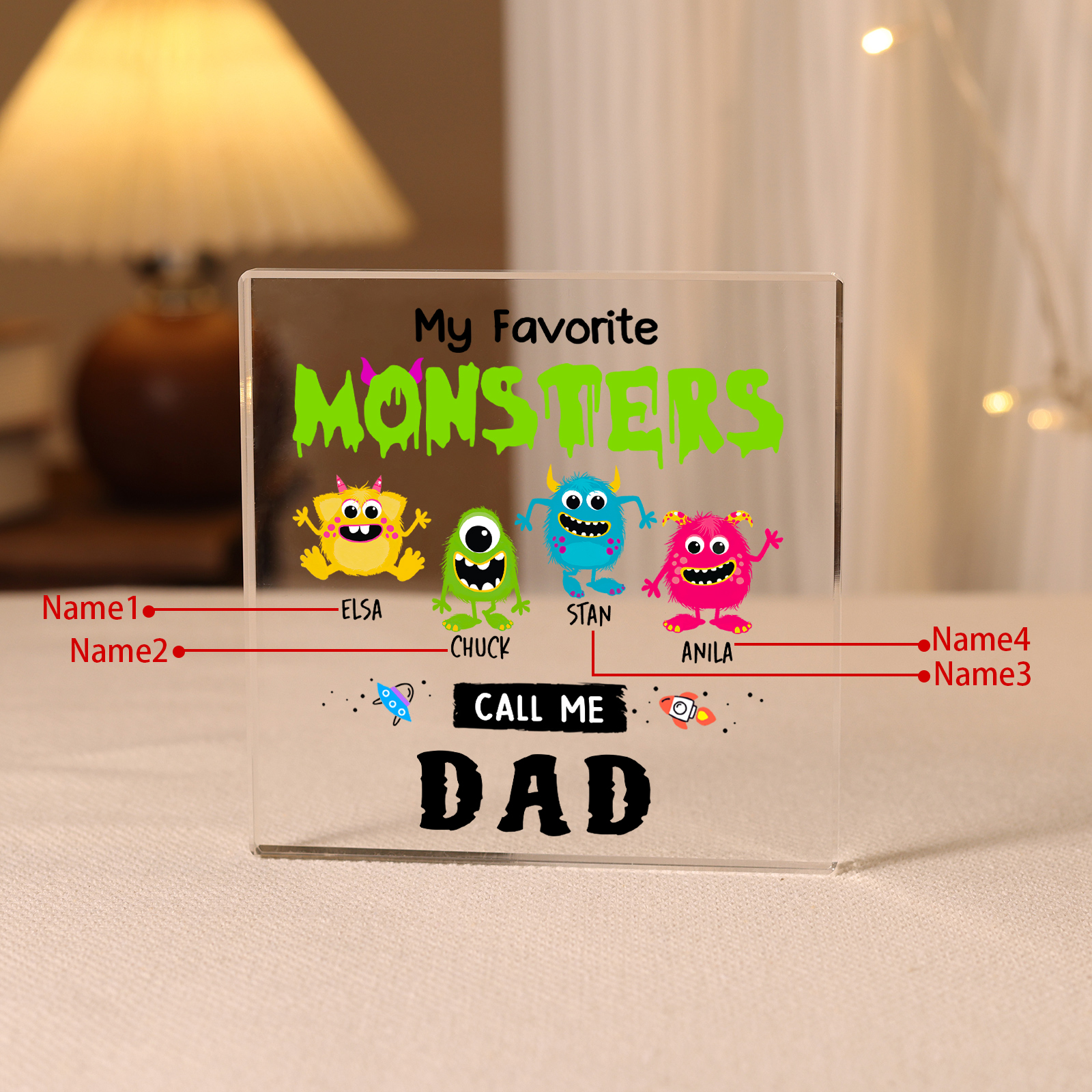 4 Names - Personalised Monster and Shit Style Custom Name Acrylic Ornament Father's Day Gift for Dad