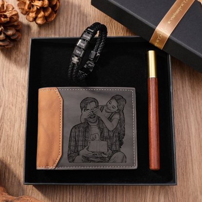 Personalised 1 Photo & 1 Letter & 6 Names Gift Set Custom Wallet & Bracelet & Pen Gift Box Set Father’s Day Gifts