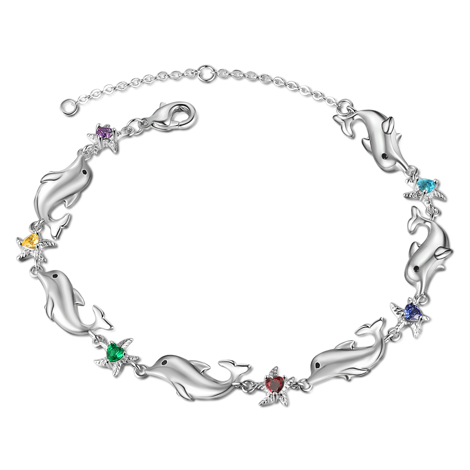 Animal Bracelet Personalized Dolphin Bracelet With 6 Birthstones Engraved Names Starfish Charm Gifts For Her