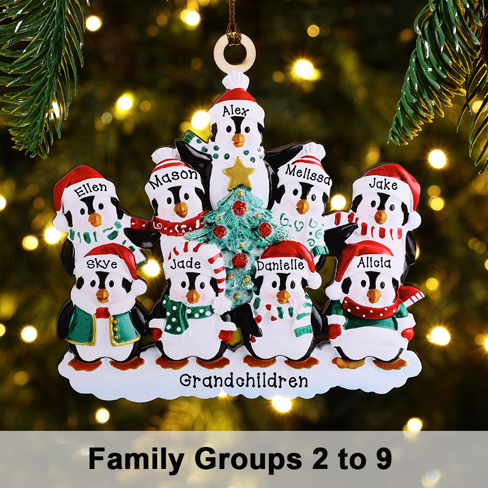 9 Names-Personalized Family Wooden Christmas Ornament-Custom 9 Names Hanging Ornament Gifts For Family-Winter Penguin Family
