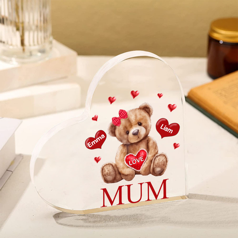 2 Names-Personalised Mum Acrylic Heart Keepsake Custom Text Love Teddy Bear Ornaments Gifts Set With Gift Box for Grandma/Mother