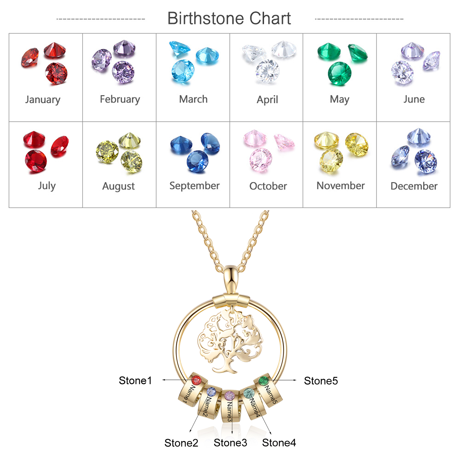 5 Names-Personalised Family Tree Necklace With 5 Birthstones Engraved Names Gift For Her