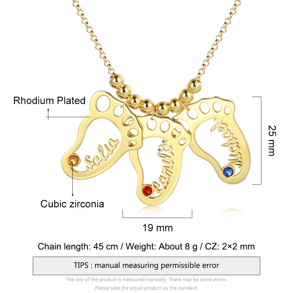 Personalised Baby Foot Necklace With 3 Birthstones Engraved Names Gift For Mother