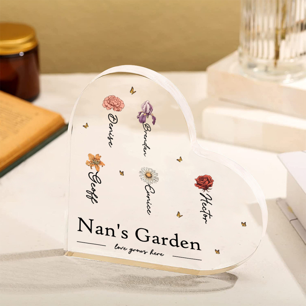 Customized 1-10 Names Birthday Flower Style Acrylic Heart Decoration Brand Plaque Decoration for Grandma