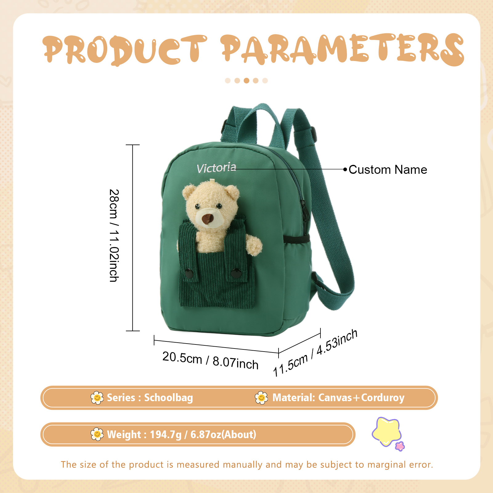 Personalised Bear School Bag Custom Name Canvas Backpack Back To School Gift for Kids