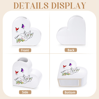 Personalised 2-8 Names Heart Ceramic Nana Vase with Butterflies