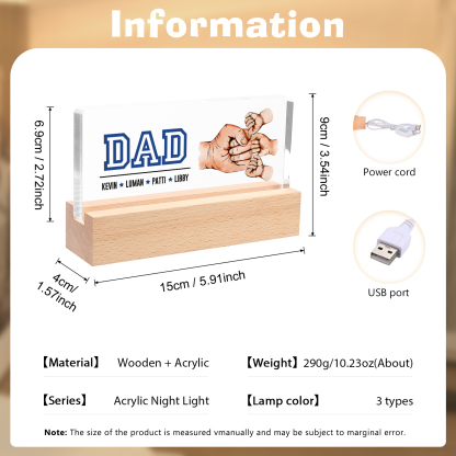 4 Names - Personalised Fist Bump Table Lamp - Dad's Dream Team - Father's Day Gift for Dad