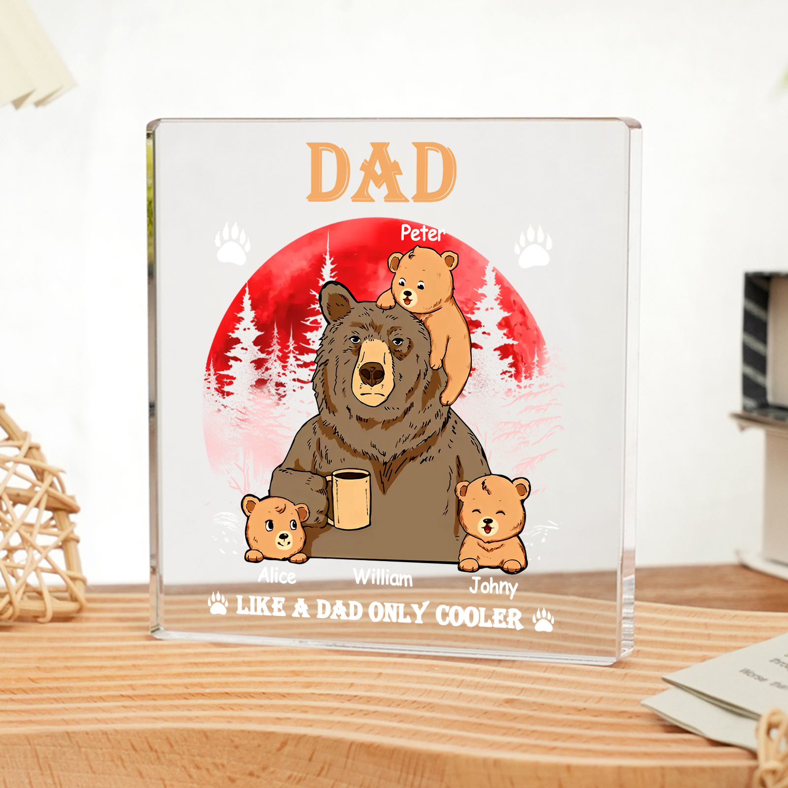 4 Names - Personalised Bear Family Pattern Custom Name Acrylic Square Ornament Father's Day Gift