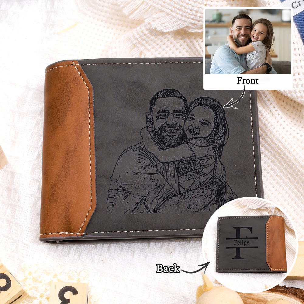 Personalised Name Leather Wallet Engraved Letter And Photo Gift For Dad