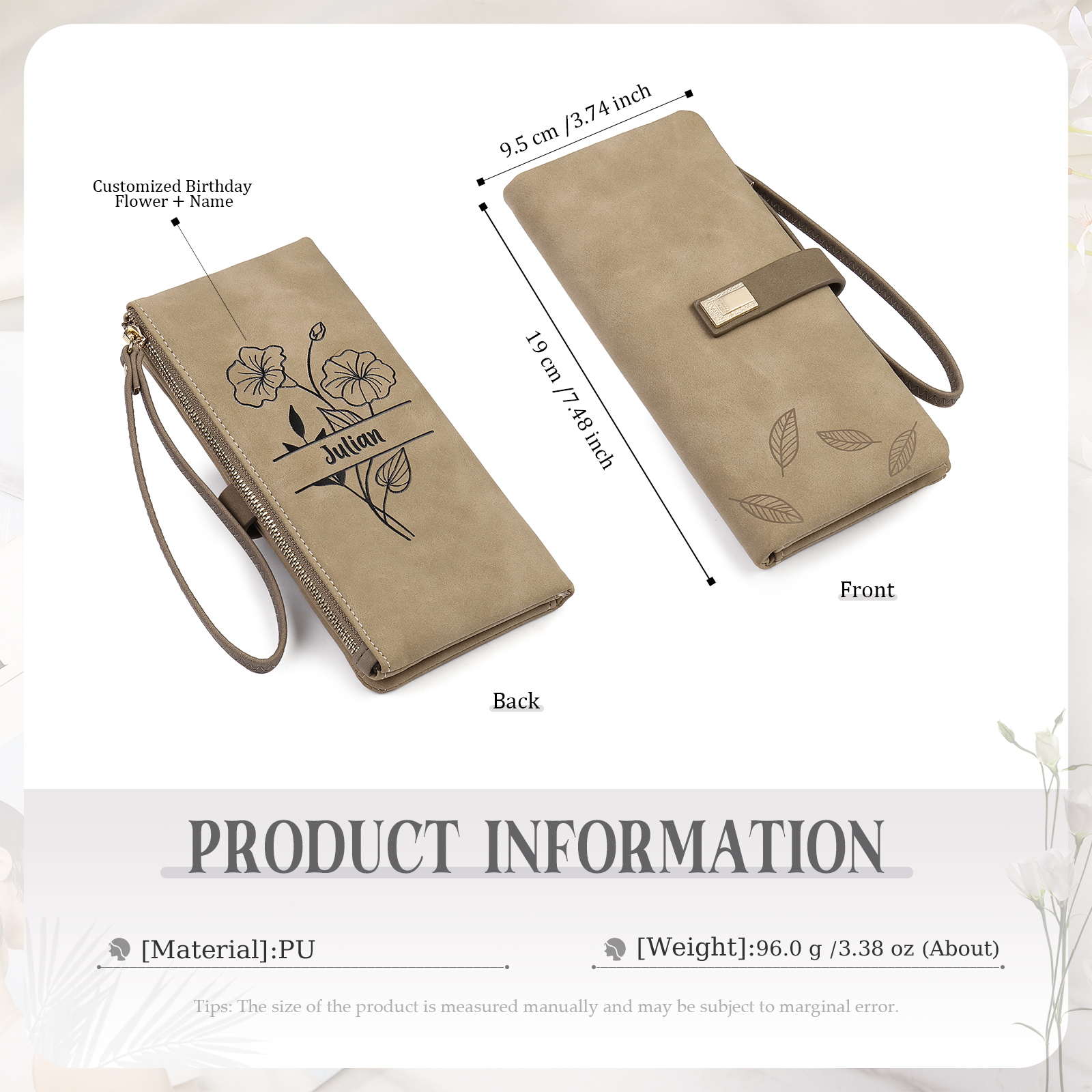 Custom Purse-Personalised Women's Wallet Customized Birth Flower and Name Zipper Women's Wallet