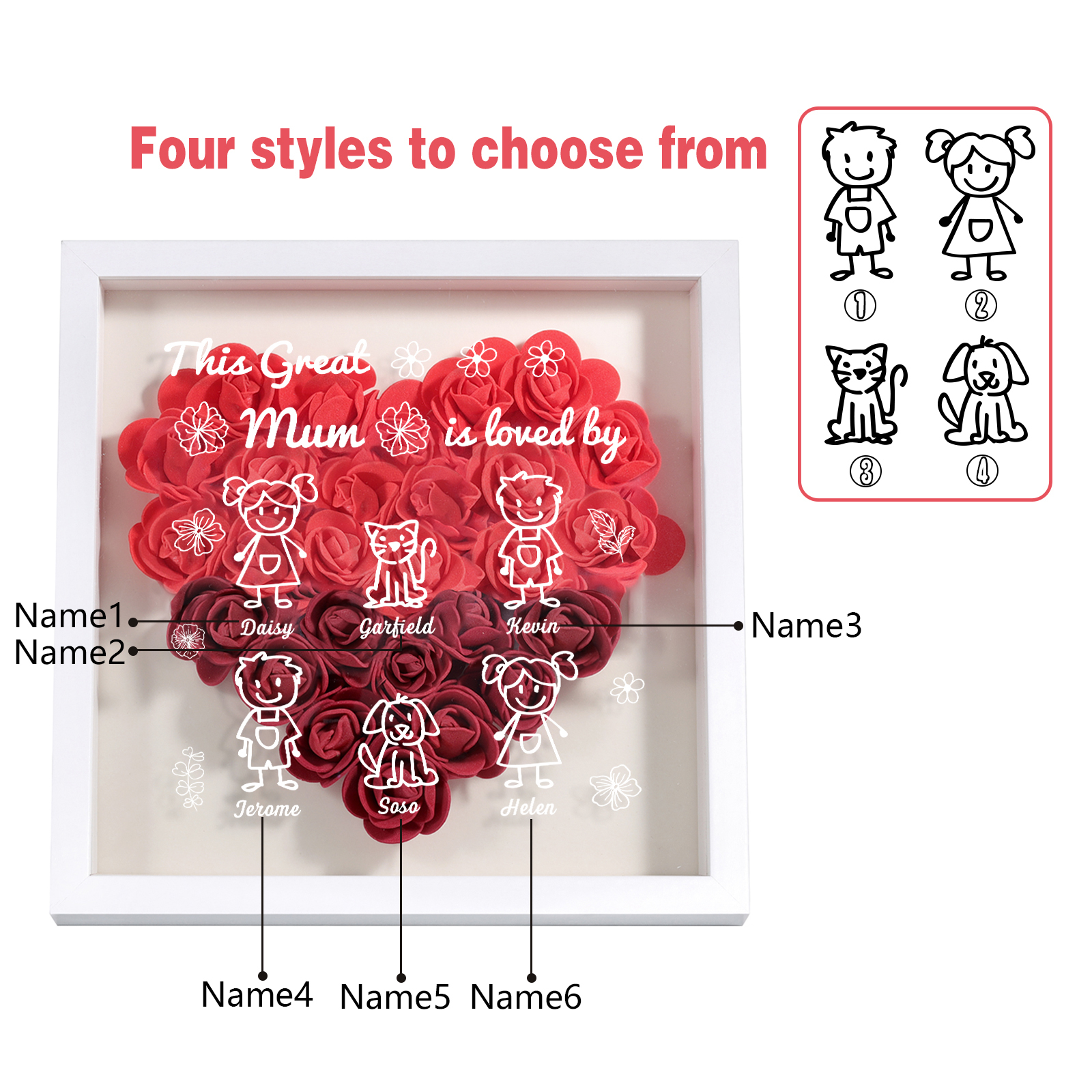 Personalised 3D Floral Shadow Box – Custom 6 Kids&Pets Names –This Great Mum Is Loved By- Gift for Mum, Nan & Loved Ones| Jessemade