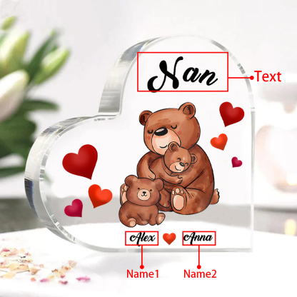 Personalised Heart-Shaped Acrylic Plaque Customizable with 2 Names and Text with Bear Design -  For Nan | Jessmade