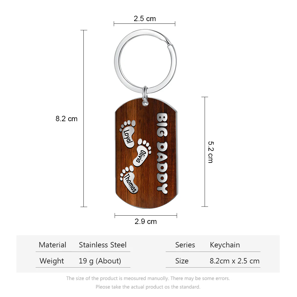 3 Names - Personalised Custom Footprint Pattern Keyring Custom Name and Text Gift for Dad