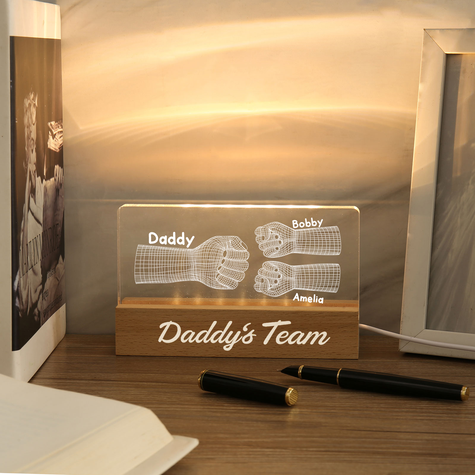 3 Names Personalised Fist Bump Pattern Night Light Custom Text LED Light Father's Day Gift for Dad