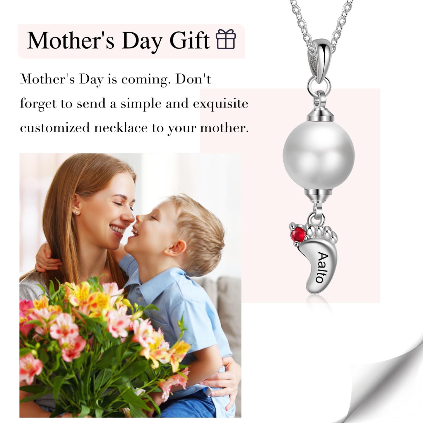 Personalised Baby Feet Pearl Necklace Custom 1 Name & Birthstone Mother Necklace
