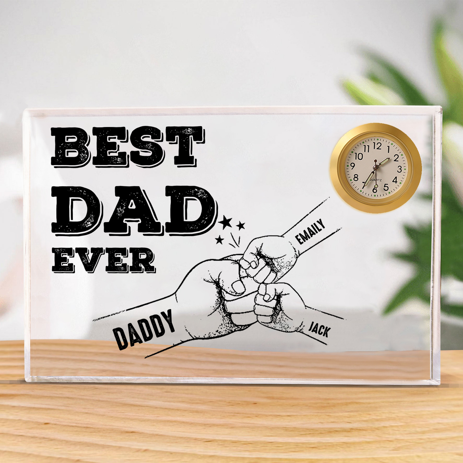 3 Names - Personalised Fist Bump Pattern Custom Name Acrylic Rectangular Clock Ornament Father's Day Gift